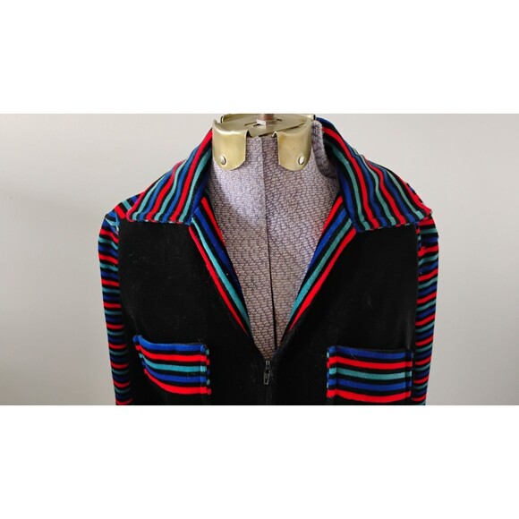 Vtg Velour Shirt Dress, 1970s Multi-color Stripe Trim Belted Zip Front Sz M/L - Picture 2 of 9